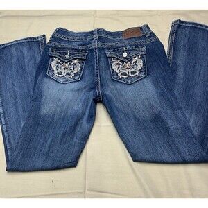 Ariya Jeans Women’s 11/12 X30 Bootcut Flare Y2K Embellished Destructed Dark Wash